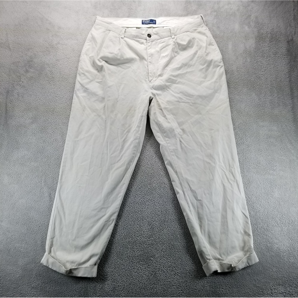 VTG Polo Ralph Lauren Pants Mens 40x30 Beige‎ Straight Pleated Trousers Twill